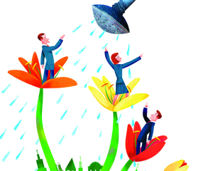 Large businessman watering business people in flowers. Image shot 2014. Exact date unknown.