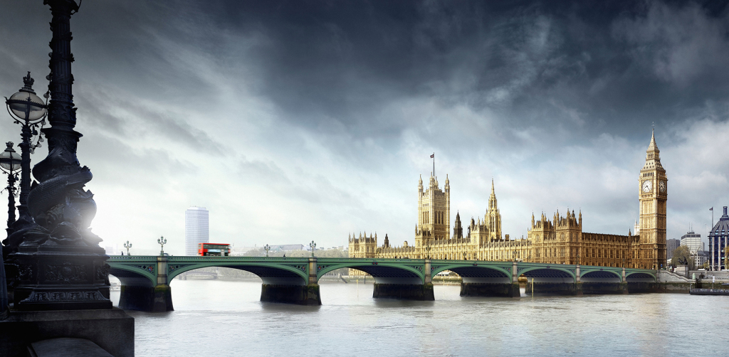 A view across Westminster Bridge to the Houses of Parliament.