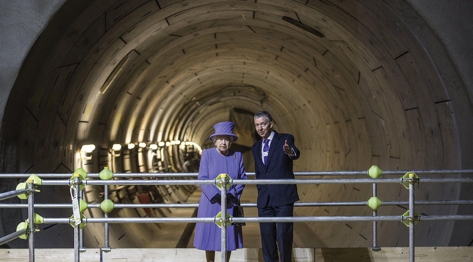 Mandatory Credit: Photo by REX/Shutterstock (5592160l) Queen Elizabeth II stands with Mike Brown the London transport commissioner at the tunnel entrance to one of the new platforms of the new Crossrail Bond street station which is still under construction. The Queen and politicians visit Crossrail site, Bond Street, London, Britain - 23 Feb 2016 The Queen unveiled the new roundel for the Crossrail line that is to be renamed the "Elizabeth line" from December 2018 when the line opens to passengers in the capital
