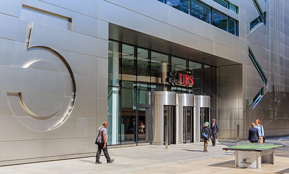 Mandatory Credit: Photo by High Level/REX/Shutterstock (5893606m) Entrance to 5 Broadgate, London office for UBS, City of London. EC2M London, UK - 2016
