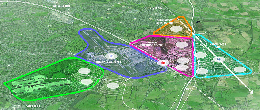 The map shows the competing interests covering the Birmingham Interchange area.