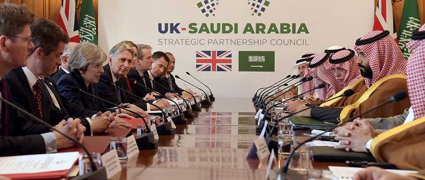 Theresa May and members of the government meet with crown prince Mohammad bin Salman and delegates from Saudi Arabia at a UK-Saudi Arabia Strategic Partnership Council