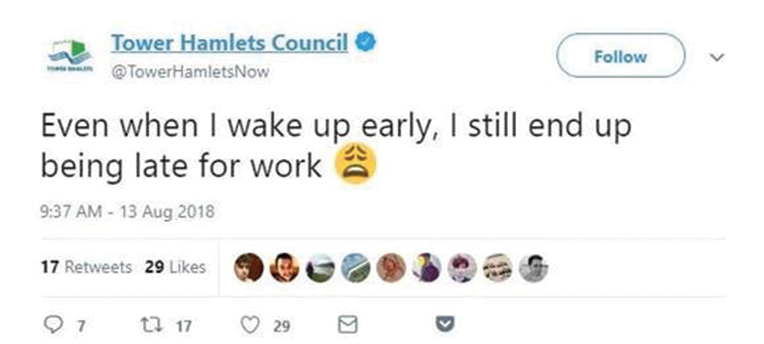 Tower Hamlets late for work tweet